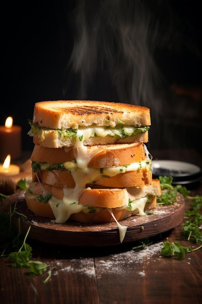 ein gegrilltes Käsesandwich auf einem Holzbrett