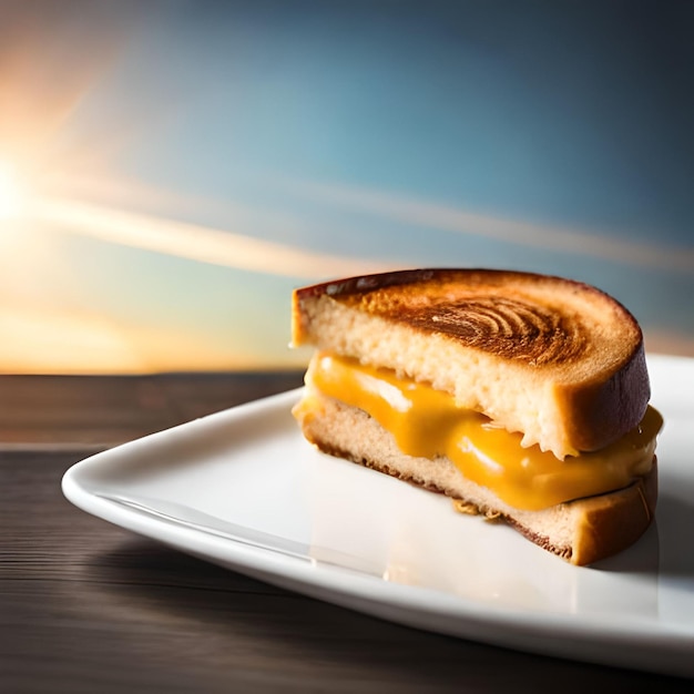 Ein gegrilltes Käsesandwich auf einem Teller mit blauem Hintergrund.