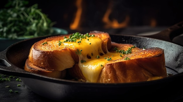 Ein gegrilltes Käsesandwich mit geröstetem Brot in einer gusseisernen Pfanne.