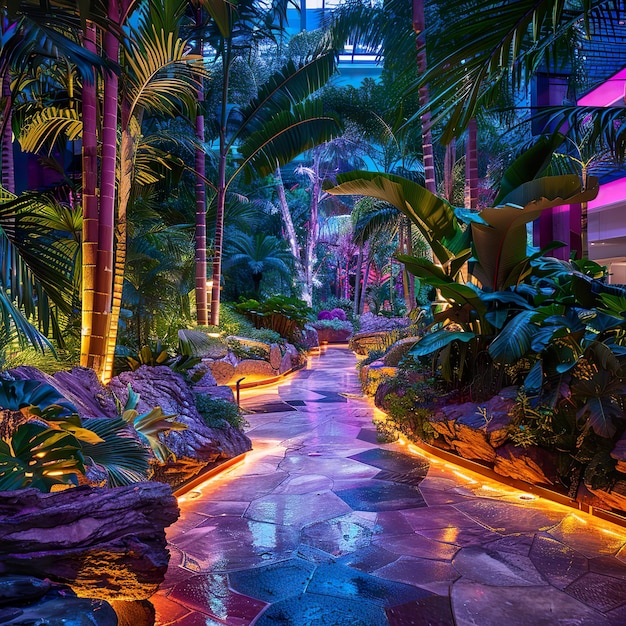 Ein geheimer Casino-Garten, eine unerwartete Oase für Gäste, um sich zu entspannen. Die Gegenüberstellung von Natur und Neon.