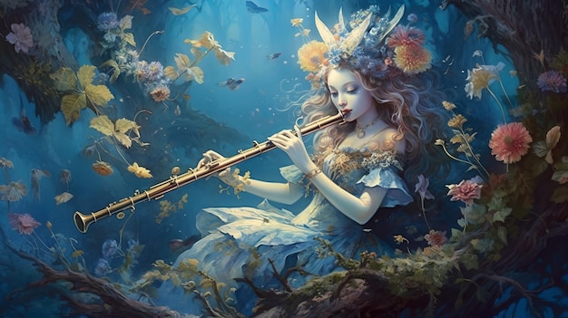 Ein geheimnisvoller Musiker, der in einem Zauberwald Flöte spielt
