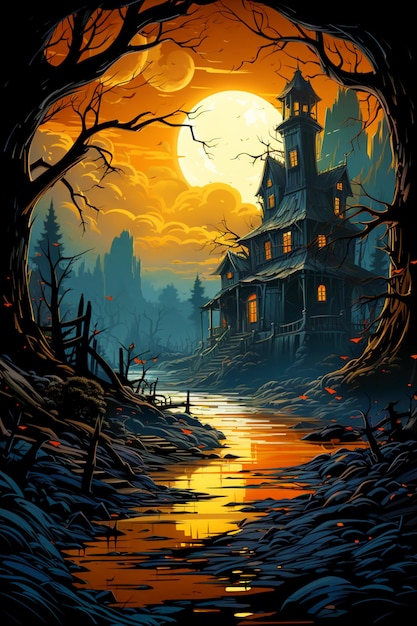 Ein geheimnisvoller Wald und ein altes Holzhaus unter einem großen Mond Fröhliches Halloween