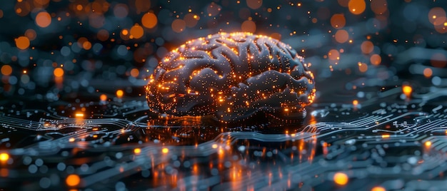 Ein Gehirn, das künstliche Intelligenz mit einer gedruckten Leiterplatte repräsentiert, KI-Daten-Mining, tiefes Lernen, moderne Computertechnologien, futuristische Cybertechnologie, Innovation