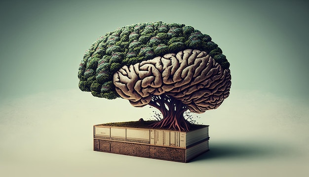 Ein Gehirnbaum auf einem quadratischen Kasten, aus dem ein grüner Baum wächst.