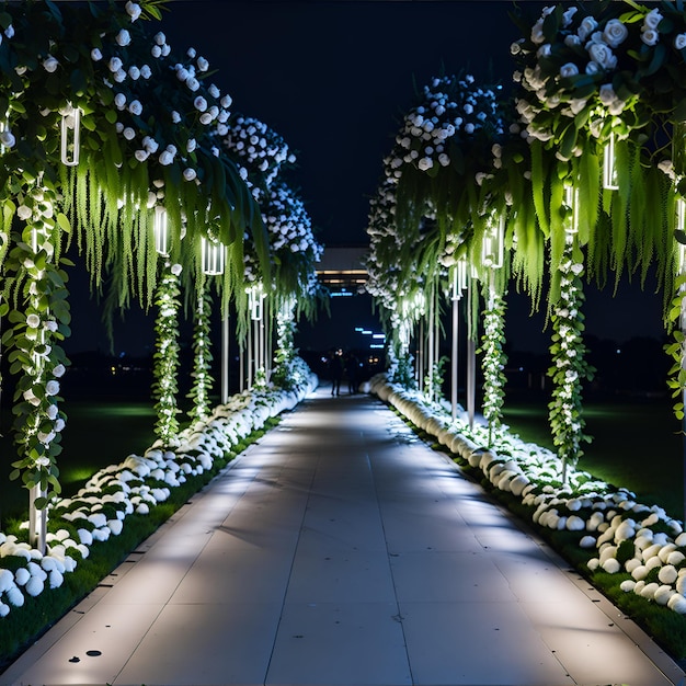 Ein Gehweg ist mit weißen Blumen und Grün geschmückt