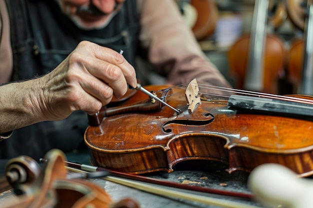 Ein Geigenreparaturmann repariert eine Geigenbrücke und unterstreicht seine Fähigkeiten bei der Reparatur von Geigen
