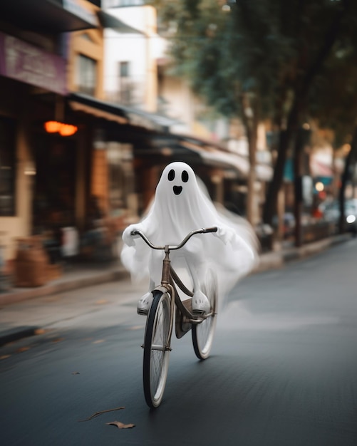 Ein Geist auf einem Fahrrad mit einem Geistergesicht auf der Vorderseite