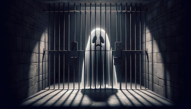 Ein Geist, der Depressionen symbolisiert, wird in einer dunkel gealterten Gefängniszelle mit seiner halbtransparenten Form dargestellt, die Trauer und ein Gefühl der Gefangenschaft ausdrückt.