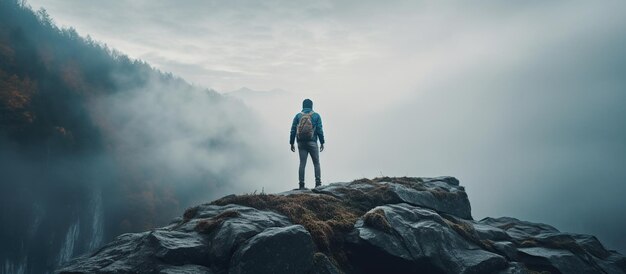 Ein Geist, ein junger Mann, der auf einen Gipfel eines Berges klettert. KI-generiertes Bild