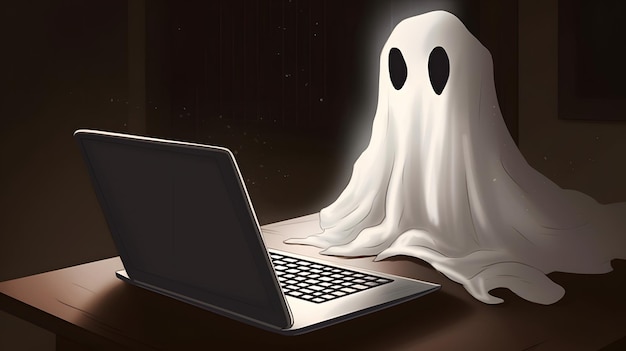 Ein Geist ist auf einem Laptopbildschirm mit einem weißen Blatt, auf dem "Geist" steht.