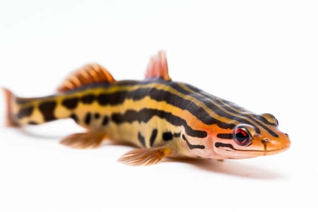 Ein gelb-schwarzer Fisch mit schwarzen Streifen und den orangefarbenen Streifen auf dem Boden.