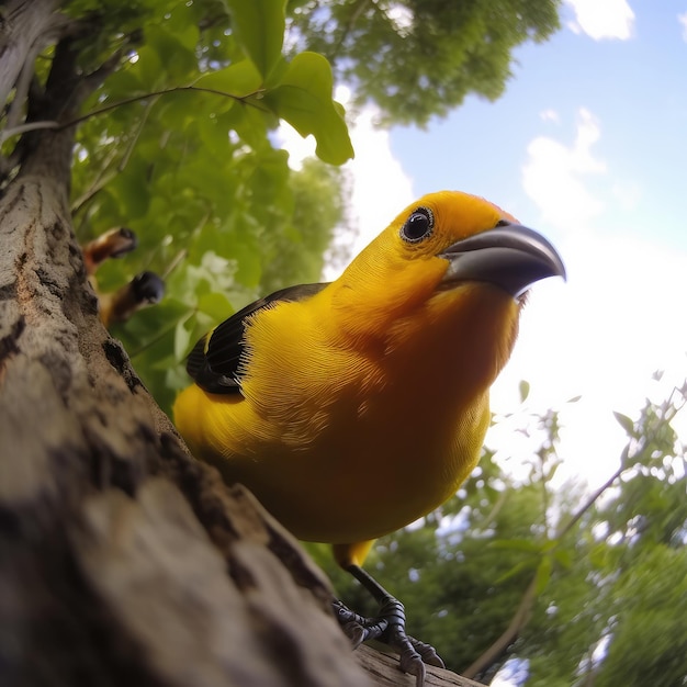 Ein gelb-schwarzer Vogel sitzt auf einem Ast