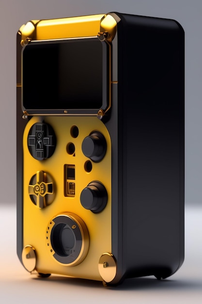 Ein gelb-schwarzes Gerät mit einem schwarzen Controller, auf dem "g" steht