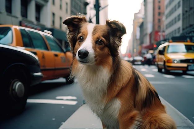 Ein gelb-weißer Hund sitzt mitten auf einer belebten Straße.