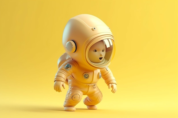 Ein gelber Astronaut mit Helm und einem Gesicht, auf dem „Baby“ steht