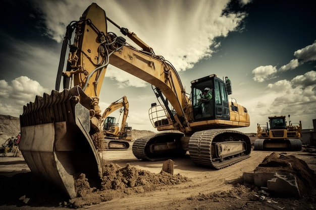 Ein gelber Bagger steht auf einer Baustelle.