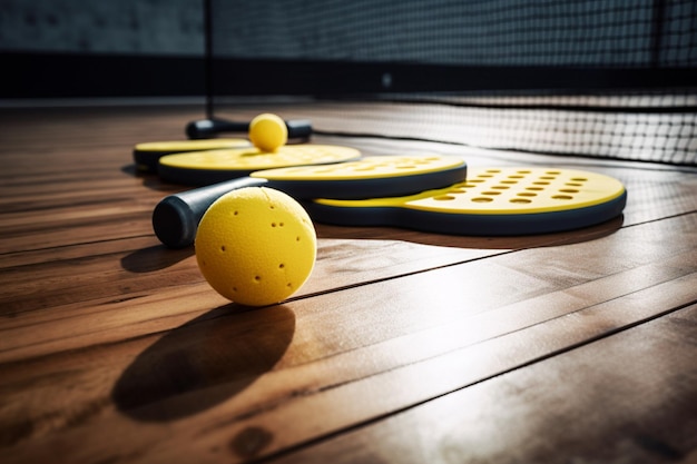 Ein gelber Ball liegt auf einem Holzboden in einer Turnhalle mit einem Netz im Hintergrund.