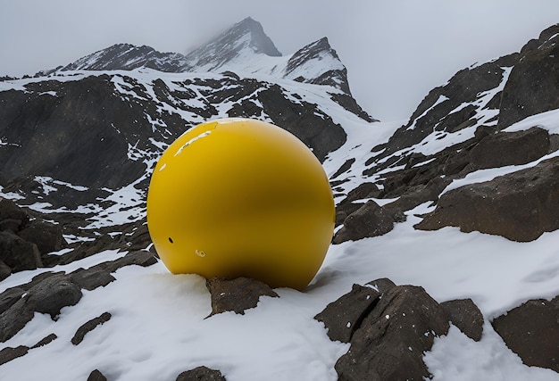 Ein gelber Ball sitzt im Schnee mit den Bergen im Hintergrund.