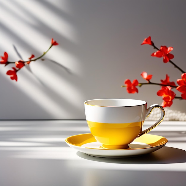 Ein gelber Becher und Ornamente auf einem sonnigen Tisch