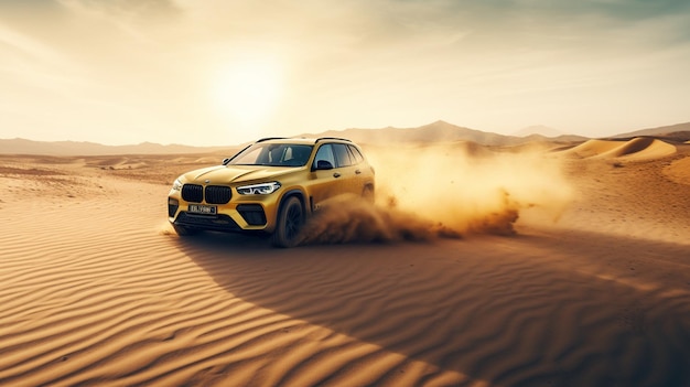 Ein gelber BMW X5 fährt durch die Wüste