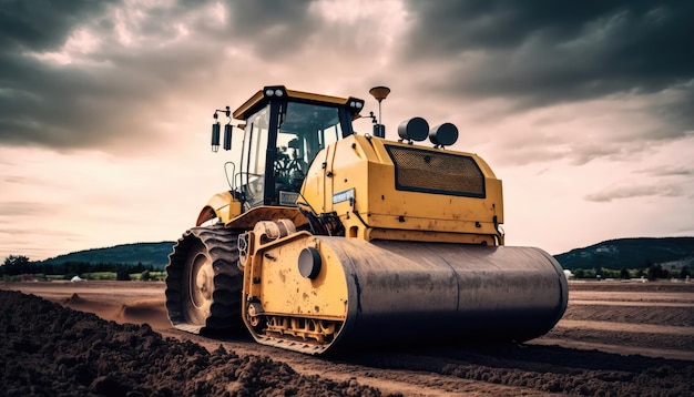 Ein gelber Bulldozer ist auf einem Feldweg.