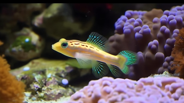 Ein gelber Fisch mit blauen Punkten am Schwanz