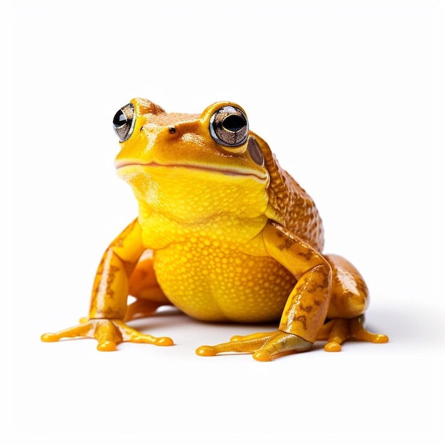 Ein gelber Frosch mit grünem Körper und gelbem Körper sitzt auf weißem Hintergrund.