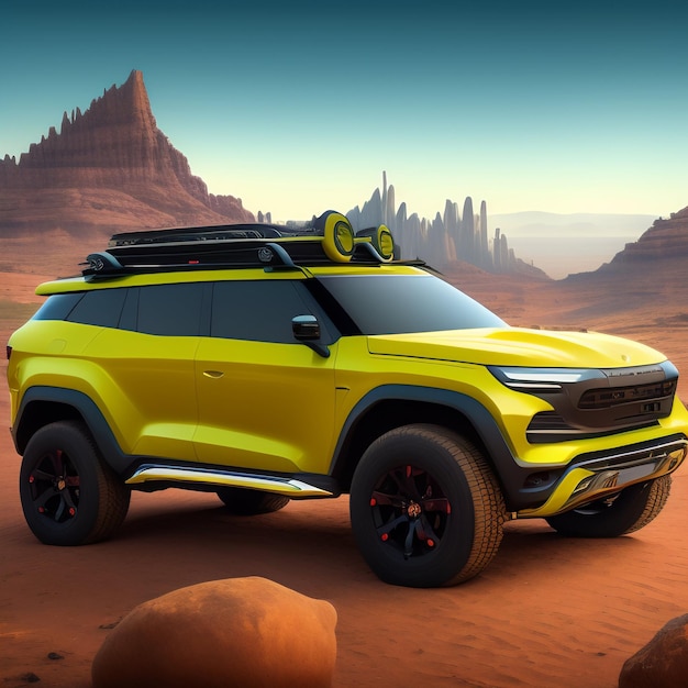 Ein gelber Geländewagen, der sich in einer Wüste befindet