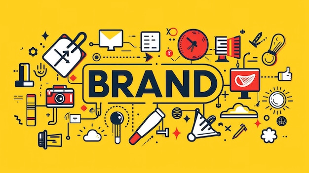 Ein gelber Hintergrund mit dem Wort BRAND in großen fett gedruckten Buchstaben in der Mitte und umgeben von Symbolen, die verschiedene Marketingelemente darstellen