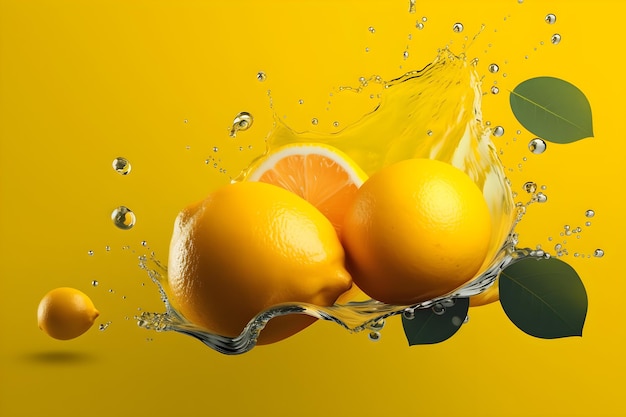Ein gelber Hintergrund mit Zitronen und einem Spritzer Wasser