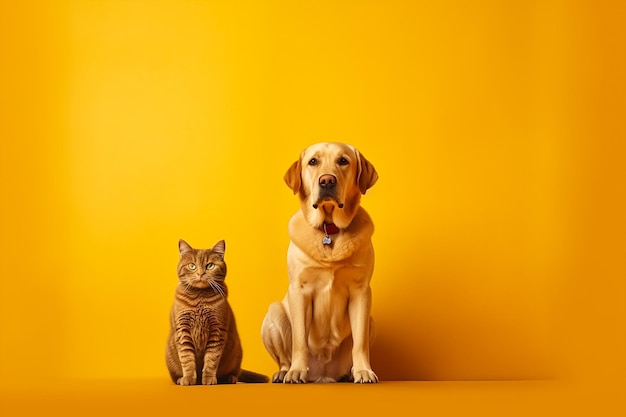 Ein gelber Hund und eine Katze sitzen zusammen vor gelbem Hintergrund.