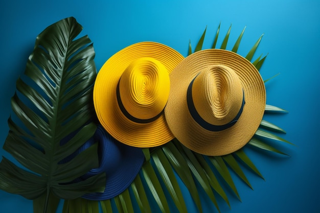 Ein gelber Hut mit blauen Farbtönen und ein gelber Hut mit einem Palmblatt auf blauem Hintergrund