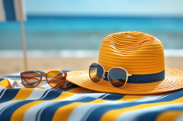 Ein gelber Hut und eine Sonnenbrille auf einem Handtuch mit dem Strand im Hintergrund.