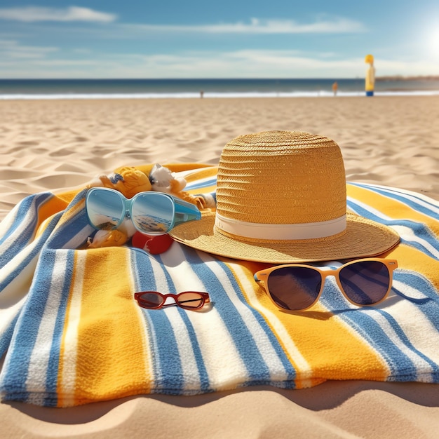 Ein gelber Hut und eine Sonnenbrille auf einem Handtuch mit einem blau-weiß gestreiften Handtuch.