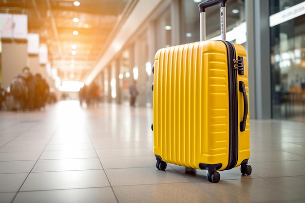 Ein gelber Koffer am Hintergrund im Flughafenterminal im Bokeh-Stil