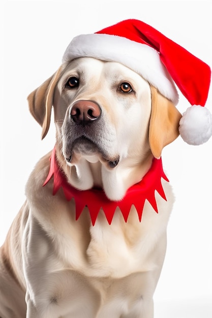 Ein gelber Laborhund, der eine Weihnachtsmütze trägt