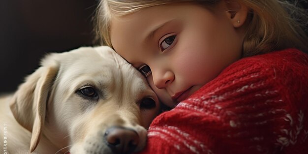 Ein gelber Labrador-Retriever-Wurf, der sich mit einem kleinen Mädchen gekuschelt hat und seine Zuneigung demonstriert