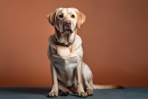 Ein gelber Labradorhund sitzt auf einer blauen Fläche.