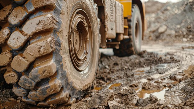 Ein gelber Lastwagen mit großen Rädern fährt auf einer Baustelle durch ein schlammiges Feld