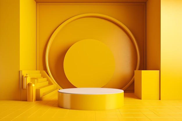 Ein gelber Raum mit einem runden Podest in der Mitte und einer Treppenreihe