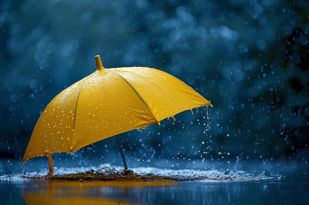 Ein gelber Regenschirm ist an einem regnerischen Tag mit Wassertropfen auf dem Boden und einem dunkelblauen