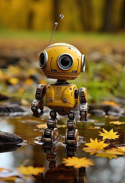 ein gelber Roboter mit einer Kamera auf dem Kopf in einer Pfütze mit Wasser