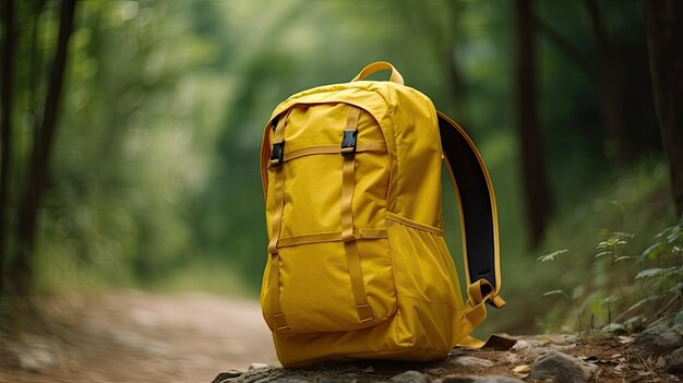 Ein gelber Rucksack liegt auf einem Felsen im Wald.