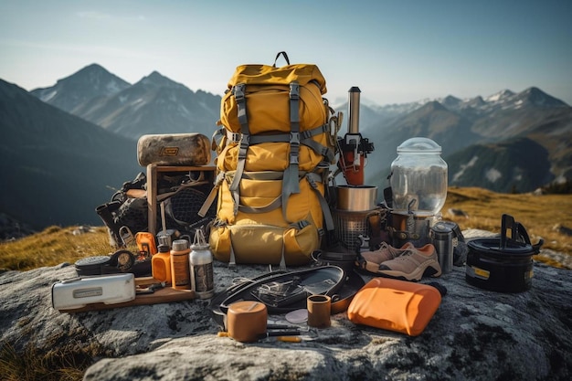 Foto ein gelber rucksack mit einem gelben rucksacksack und anderen gegenständen auf einem berg