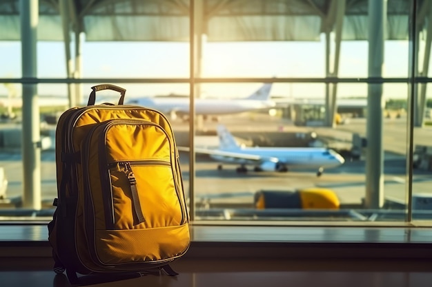 Ein gelber Rucksack steht vor einem Flughafenfenster.