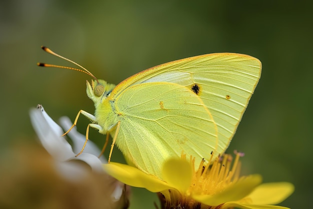 Ein gelber Schmetterling sitzt auf einer Blume mit dem Wort „Schmetterling“ darauf.