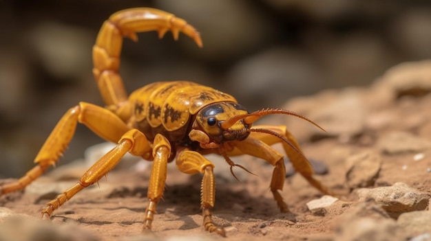 Ein gelber Skorpion steht auf einem Baumstamm.