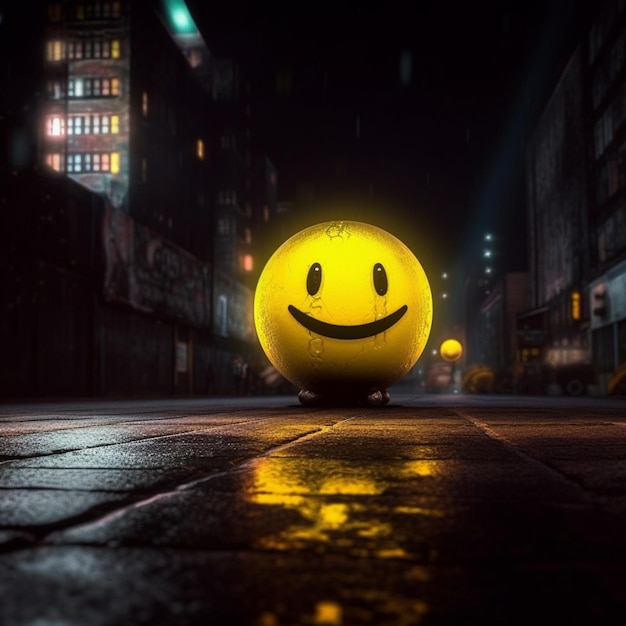 Ein gelber Smiley-Ball liegt mitten auf einer dunklen Straße.