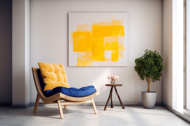 Ein gelber Stuhl in einem weißen Raum mit einem gelben Kissen und einer Pflanze an der Wand.