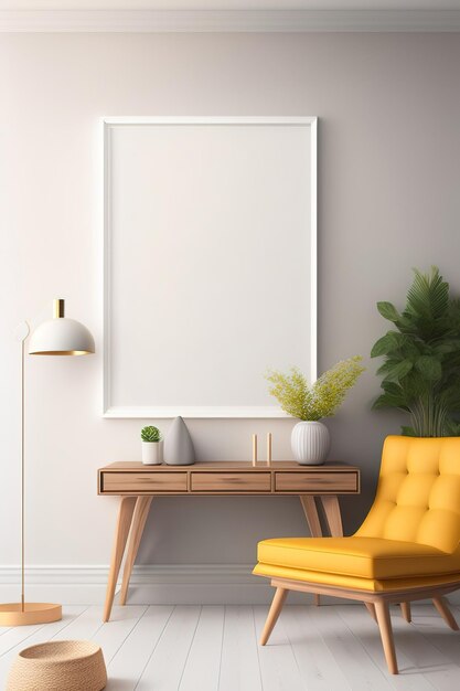 Foto ein gelber stuhl in einem wohnzimmer mit einem weißen rahmen an der wand.